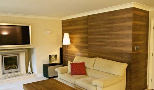 Wall cladding...wallpaper, fabric and wood!
